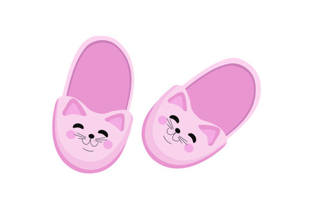House slippers, cute pet. Funny cat slippers. Pair of fluffy cute shoes, kittens. Cartoon flat home warm comfortable sleeping shoes with animal head for feet of man, woman, children. Isolated on white background.のイラスト素材