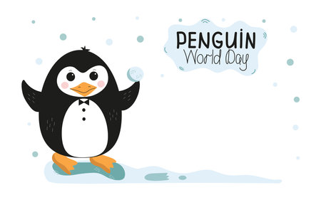 Cute little penguin. Vector flat cartoon illustration isolated on white. Banner, postcard. Penguin awareness day. World Penguin Day, Inscription, signed picture. Character, Antarctic animal, Polar bird. Vector illustration on isolated background.のイラスト素材