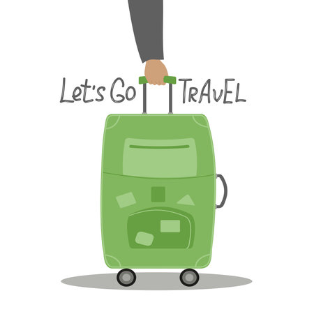 A human hand holds a suitcase by the handle. Let's go travel lettering. A suitcase with wheels and a retractable handle for travel and business trips. Traveler's luggage. Flat vector illustration on white isolated background.のイラスト素材