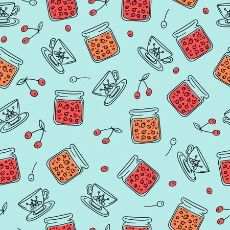 Cup of tea and jam in jar. Pattern, seamless. Berry jam. Cherry berry. Sweet food, dessert. Tea party. Set of icons in doodle style. Vector illustration. Background isolated.のイラスト素材