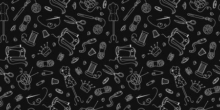 Pattern, hobby, handmade. Set elements for sewing. Sewing machine, threads, needles, mannequin, scissors. Seamless vector background, doodles.のイラスト素材