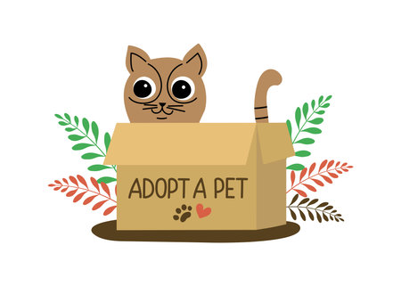 Adopt cat. Cute cartoon homeless kitten in box, on the street. Adopts pets and fosters them. Pet adoption concept. Text, inscription. Don't buy, help homeless animals find a home. Flat design style.のイラスト素材