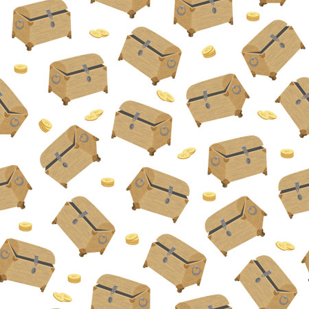 Pattern Gold coins and Old wooden treasure chest. Empty open pirate chest. Metal money. Cartoon...