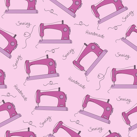 Sewing machine pattern and descriptions. Doodles, black outline drawings. Hand lettering. Handicraft, hobby, handmade icons. Vector seamless background.のイラスト素材