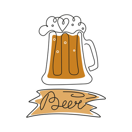 National Beer Day. Holiday, beer in a beer mug. Line art. Wooden sign with an inscription. Drink. Calligraphy, contour drawing. Vector illustration, isolated background.のイラスト素材