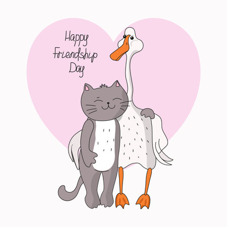 International Day of Friendship. Cute cat and goose. Couple of animals, inscription. Heart shape. Funny cartoon drawing of a simple goose and pussy. Pets, friends. Vector flat illustration, isolated background.のイラスト素材
