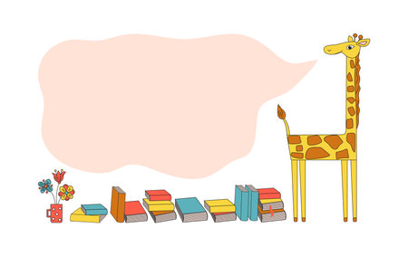 Frame, banner for text. Cartoon giraffe, large stack of books, mug with flowers. Love of reading and learning concept. African animal. Children's Book Day.のイラスト素材