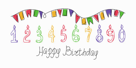 Flags, garlands and numbers with candles in doodle style. Happy birthday, hand lettering, drawings, sketch. Numbers from 1 to 10. Holiday decorations, card design, banner. Vector illustration on white isolated background.のイラスト素材