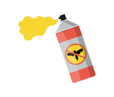 Balloon, aerosol for extermination of insects, flies, mosquitoes. Harmful insects in the house and garden. Malaria control concept. Vector banner. Illustration with isolated background.のイラスト素材