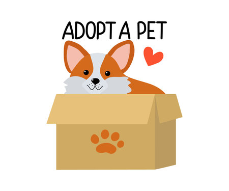 Adopt dog. Cute cartoon homeless puppy in a box, on the street. Adopts pets and fosters them. Pet adoption concept. Text, inscription. Don't buy, help homeless animals find a home. Flat design style.のイラスト素材