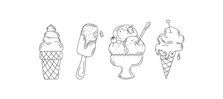 Ice cream drawings. Set of hand drawn linear icons. Ice cream, popsicle, ice. Vector illustration, background isolated on white.のイラスト素材
