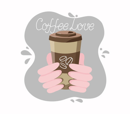 Hands and coffee in a glass. Coffee beans. Hand lettering. International Coffee Day. Vector graphics. Flat illustration. Background isolated.のイラスト素材