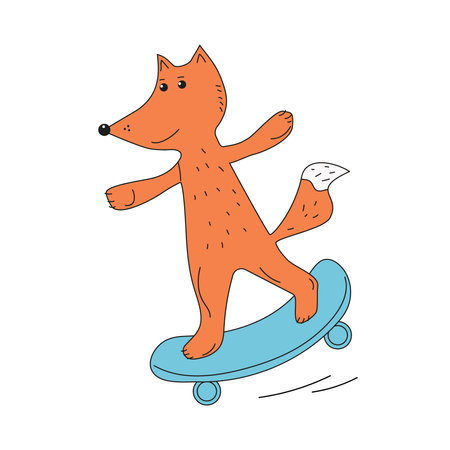 Cute fox rides a skateboard. Sports animal. Active lifestyle. Doodle, drawing. Vector illustration on white isolated background.のイラスト素材