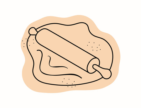 Stylized dough, rolling pin. Kitchenware. Logo, sign. Design for cooking, bakery, confectionery. Hand drawn vector illustration.のイラスト素材