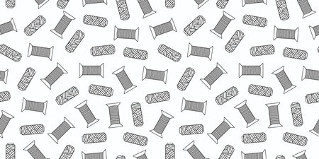 Spools of thread. Pattern handicraft, hobby. Drawings, doodle icons. Vector seamless background.のイラスト素材