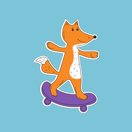 Sticker of a fox riding a skateboard. Cute sporty animal. Active lifestyle. Extreme sport. Doodle, drawing. Vector illustration, isolated background.のイラスト素材