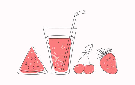 Juice in a glass, fruit cocktail. Food and drinks. Abstract drawings of fruits and berries. Beach bar. Strawberry, watermelon and cherry. Line icons with colored spots. Scribble. Vector illustrationのイラスト素材