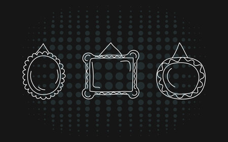 Cartoon frames, simple linear icons. Doodle, hand drawn collection of vertical blank templates for text decoration. Congratulatory or wedding frames. Vector layouts, space for text, photos.のイラスト素材