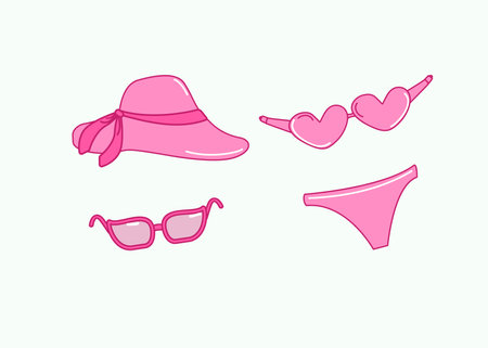 Set of pink beach accessories. Sunglasses, swimsuit, hat. Drawn icons, doodle. Summer holiday at sea, vacation. Vector illustration on isolated background.のイラスト素材