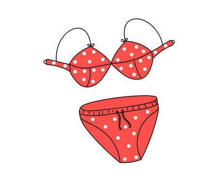 Beachwear, red swimsuit. Hand drawn icon, doodle, sketch. Summer holiday at sea, swimming, sunbathing. Black and white linear illustration on isolated background.のイラスト素材