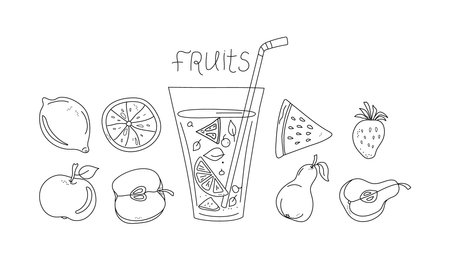 Juice in a glass, fruit cocktail, smoothie. Set of abstract fruits, ingredients for juice. Fruits and berries whole and slices. Food and drinks, healthy vegetarian nutrition. Abstract drawings. Beach bar. Line icons. Scribble. Vector illustrationのイラスト素材