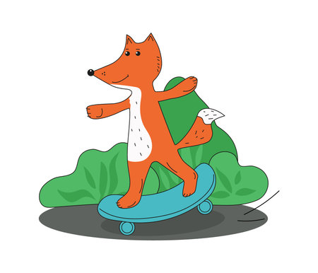 Cute fox rides a skateboard. Sports animal. Park, trees, bushes. Active lifestyle. Doodle, drawing. Vector illustration on white isolated background.のイラスト素材