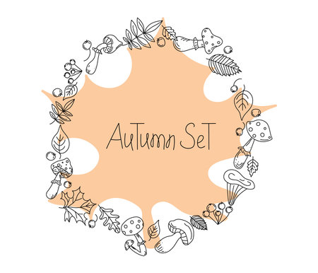 Round frame, border, floral ornament. Mushrooms and autumn leaves, Set. Hand lettering. Drawing of doodles of mushrooms, berries, leaves in black outline. Isolated background.のイラスト素材
