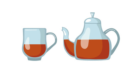 Glass teapot and cup of tea. Tea drinking and tea time. Hot healthy drink. Illustration of flat tea time icons for cafe and restaurant menu design, isolated background.  Kitchenware.のイラスト素材