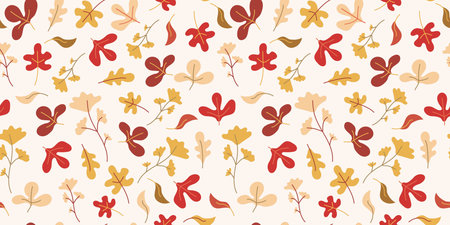 Pattern of autumn leaves and flowers. Seamless vector background. Nature, autumn season. Drawings of autumn leaves, orange, beige, brown and yellow. Vector illustration, doodles. Flat repeating background for wallpaper, packaging, textile.のイラスト素材
