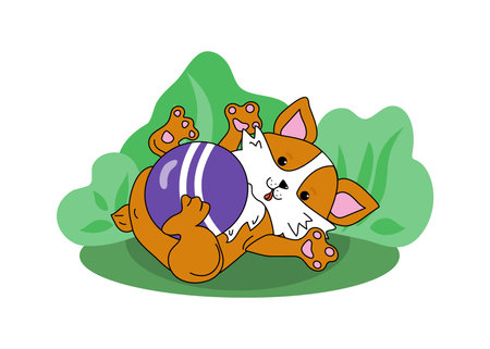 Cute funny puppy plays with a ball on the grass in a park, lawn. Cartoon corgi dog. Cheerful pet with a toy. Tree, bush. Vector illustration on isolated background.のイラスト素材