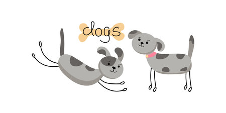 Cartoon animals, pets, dogs in different poses. Set cute puppies. Hand lettering. Vector illustration. Background isolated.のイラスト素材