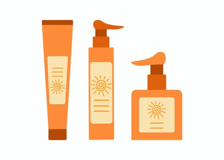 Set of sunscreens. Skin care and protection. Tubes of sunscreen. Use sunscreen cosmetics. Moisturizes and protects the skin from solar ultraviolet radiation. Vector illustration, white isolated background.のイラスト素材