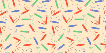 Pattern colored pencils and line drawing. Line, heart shape, zigzag drawn in pencil. Stationery. Vector illustration, seamless background.のイラスト素材