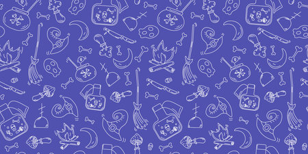 Halloween pattern. Hand drawn icons set. Seamless background. Holiday icons and attributes. Drawing, doodle.  Poison preparation on a fire. Witchcraft potion. Wizard hat.のイラスト素材
