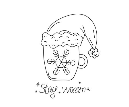 Tea in a cup. Hot drink. Santa hat. Winter season. Christmas ornament, snowflakes. Drawings, doodles. Tea time illustration for cafe and restaurant menu design, isolated background.のイラスト素材