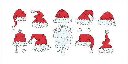 Beard, Set of Different Santa Hats. Collection of Santa Claus Hat Drawings. Christmas Accessories, Doodles, Funny Christmas Cartoon Icons. Holiday Party Clothes.のイラスト素材