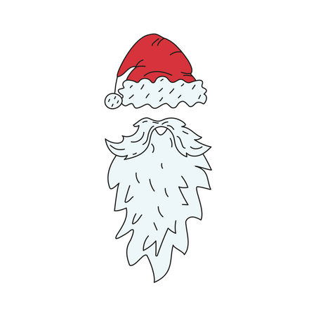 Beard, mustache, Santa hat. Santa Claus Christmas accessories, doodles, funny Christmas cartoon icons. Festive party wear.のイラスト素材
