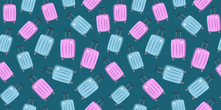 Pattern Travel suitcase. Seamless background. Tourism, recreation. Bag with handle, wheels and retractable handle for travel, business trips, vacation. Traveler luggage. Flat design, illustration.のイラスト素材