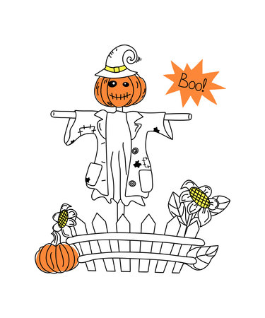 Garden scarecrow with a pumpkin head. Funny pumpkin in clothes and hat. Halloween, outline drawing, sketch, hand lettering. Fence, vegetable garden with pumpkins. Sunflower flower. Phrase, description. Doodle illustration, background isolated.のイラスト素材