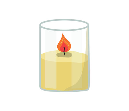 Beautiful candle in glass jar. Burning wax cozy candle, flame. Fire. White background. Home interior element for holiday, decoration, decor, coziness. Flat illustration. Background isolated.のイラスト素材