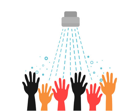 Global Handwashing Day. Multicolored human hands, running tap water and soap bubbles. Washing hands with soap. Cleanliness, hygiene. Illustration, banner, poster.のイラスト素材