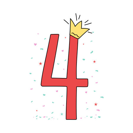 Bright digit, number 4 in crown. Drawing, doodle. Cartoon number, confetti. Design of greeting children's card. Holiday, birthday. Vector icon, illustration, white isolated background.のイラスト素材