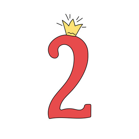 Bright digit, number 2 in crown. Drawing, doodle. Cartoon number. Design of greeting children's card. Holiday, birthday. Vector icon, illustration, white isolated background.のイラスト素材