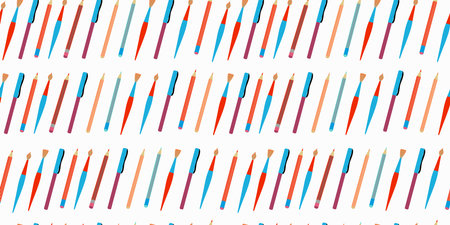 Stationery. Repeating pattern. School supplies, pens, pencils, markers. Education. Colored vector seamless background.のイラスト素材