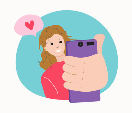 Smiling woman using smartphone, chatting, making video calls, calling her boyfriends and friends. Conversation, online chat on phone. Young, happy girl, speech bubble, heart shape. Vector flat cartoon illustration with person.のイラスト素材