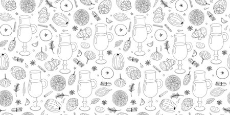 Mulled wine recipe. Repeating pattern. Drink glass with ingredients. Wine drink, spice linear icons. Cooking, winemaking. Seamless background.のイラスト素材