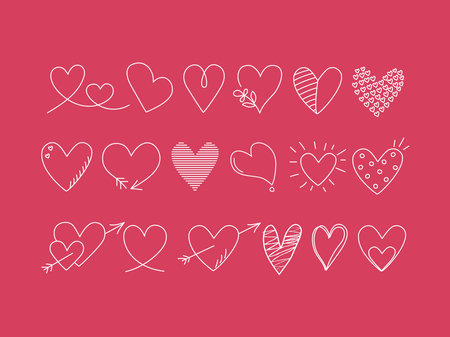 Set of hearts, chalk drawing, doodle. Hand drawn line vector icons, Valentine's Day design. Background colored isolated.のイラスト素材