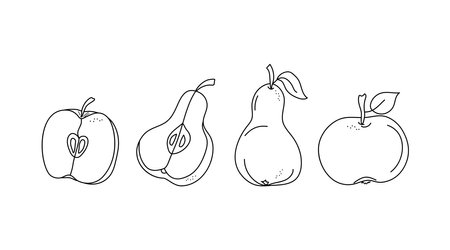 Fruit linear icons. Set of abstract pear, apple and slices. Doodle drawing. Natural food, garden harvest.のイラスト素材