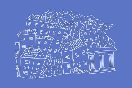 Houses, street, hand drawn old European city. Drawing, doodle. Outline, architecture, construction, monochrome vector graphics, illustratio, isolated background.のイラスト素材