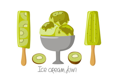 Kiwi Fruit Ice Cream set. Summer cold, frozen juice, fruit ice. Green ice cream with cream. Handwritten lettering. Color illustration, cooking, food, cool dessert.のイラスト素材